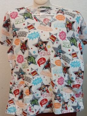 Marvel Multicolor Superhero V-Neck Scrub Top